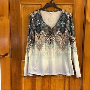 Blue and beige tone, Paisley pattern, Henley style, long sleeve women’s shirt